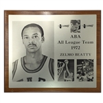 Zelmo Beatys 1972 ABA All-League First Team Award Plaque (Beaty Loa)