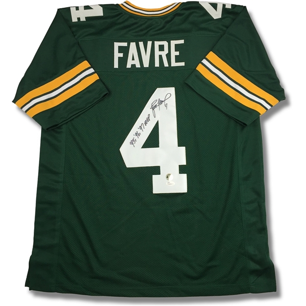 Brett Favre Autographed & MVP Inscribed Green Bay Packers Replica Jersey (Favre & JSA COA)
