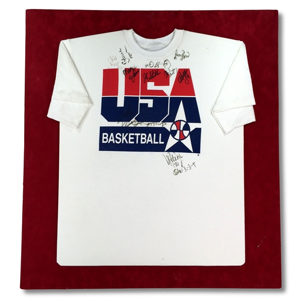 1992 USA Olympic Dream Team T-Shirt Signed by Jordan, Bird, Magic, Ewing, Barkley, Pippen, Robinson, Stockton, Drexler, Mullin (JSA LOA)