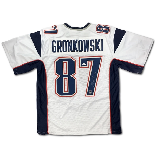 Rob Gronkowski Signed New England Patriots White Road Jersey (JSA COA, Gronkowski Holo)