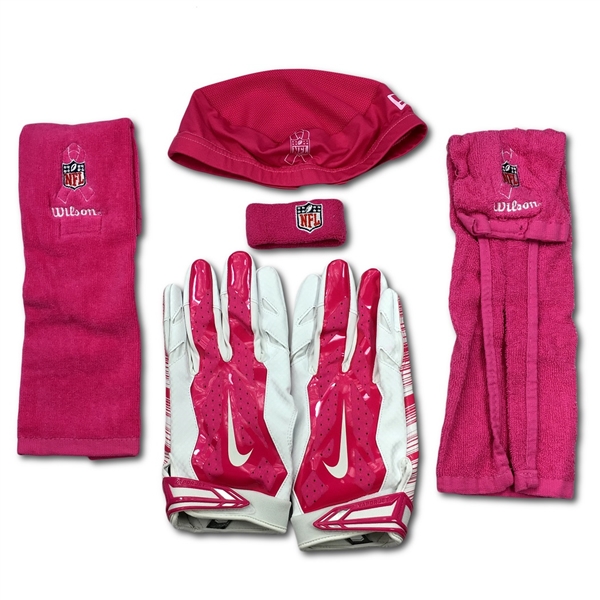 Carolina Panthers 2015 NFL Game Used BCA Pink Collection - 1 Pair of Gloves, 2 Towels, 1 Wristband & 1 Beanie