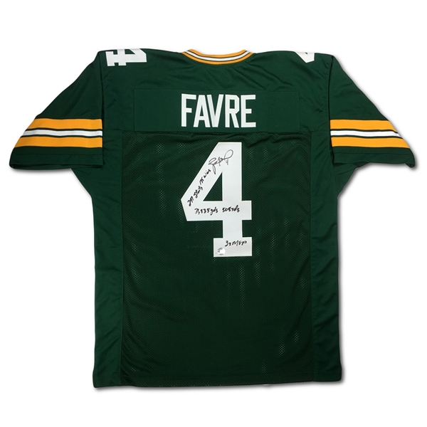 Brett Favre Signed Green Bay Packers Custom Green/Home Jersey - 5 Inscriptions! (Favre COA & Holo)