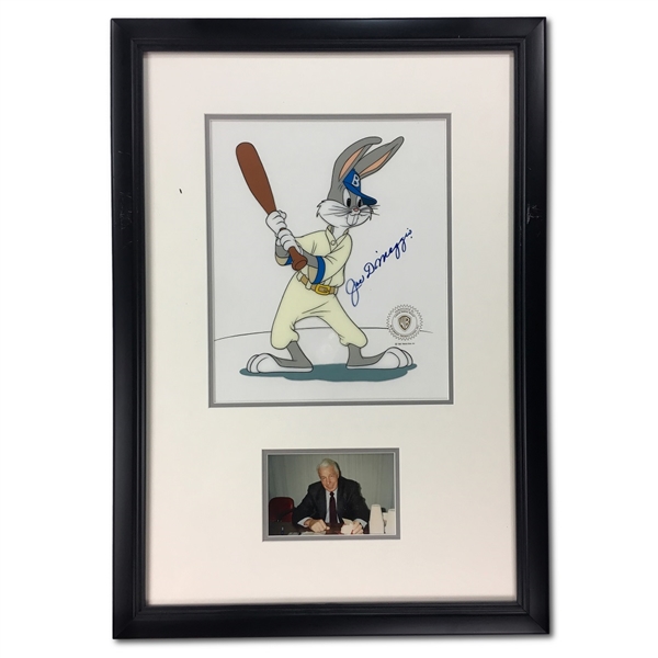 Joe DiMaggio Signed Bugs Bunny Cartoon Animation Cell - 26x18" Framed w/Signing Photo (JSA LOA)