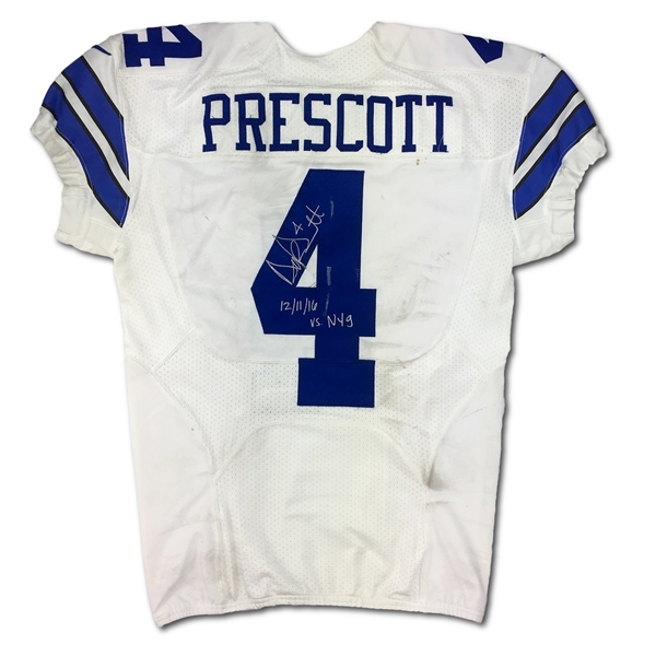 Dak Prescott 12/11/16 Dallas Cowboys Game Used & Signed Rookie Jersey - Unwashed (Photo Matched, Panini COA)