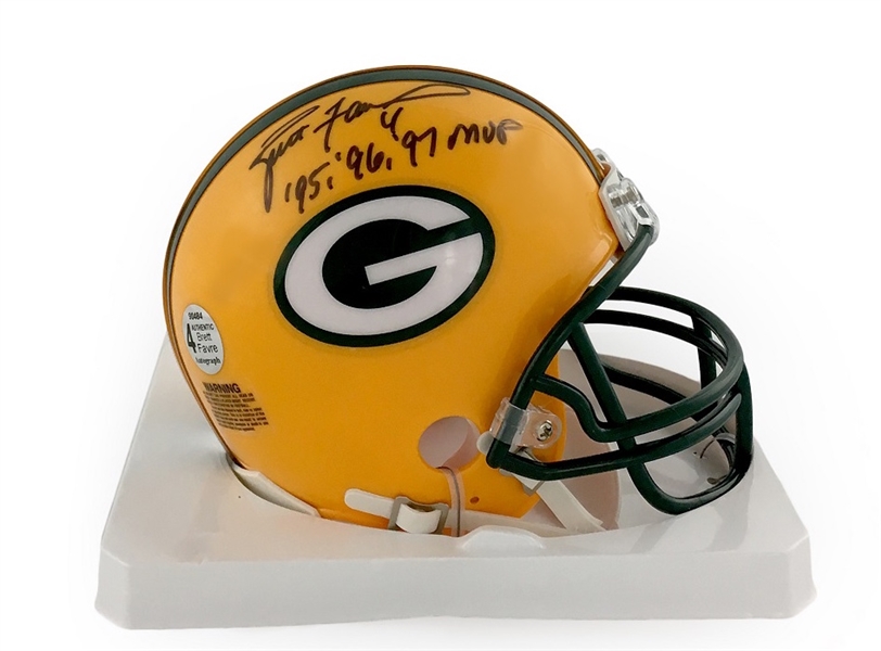 Brett Favre Signed Green Bay Packers Mini Helmet Inscribed "95,96,97 MVP" (Favre LOA)