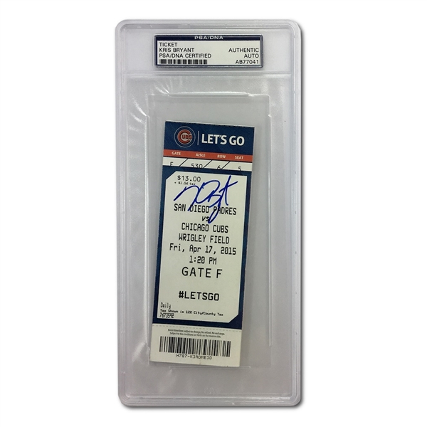 Kris Bryant 4/17/2015 Signed Chicago Cubs First Game Ticket - Wrigley Field - Slabbed (PSA)