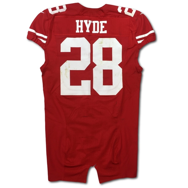 Carlos Hyde 10/4/2015 San Francisco 49ers Game Used Jersey - Unwashed, Photo Matched (NFL Auctions)