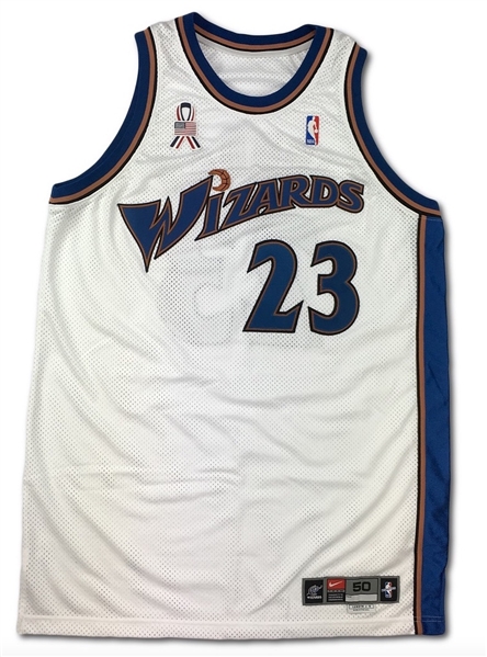 Michael Jordan 2001-02 Washington Wizards Game Worn Home Jersey - 9/11 Ribbon Patch