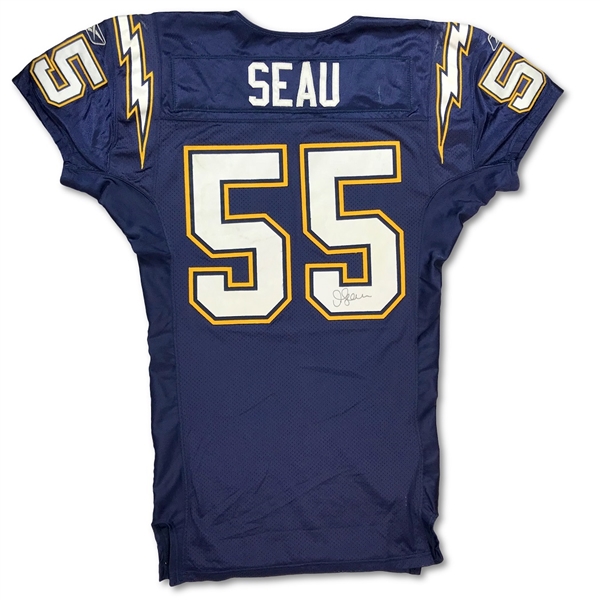 Junior Seau 2002 San Diego Chargers Game Used & Signed Home Jersey - 9 Games! 13 Repairs, Photo Match