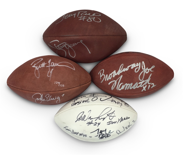 4 Autographed Footballs: Favre/Elway, Rice/Young, Broadway Joe and Jerry Rice HOF (JSA)