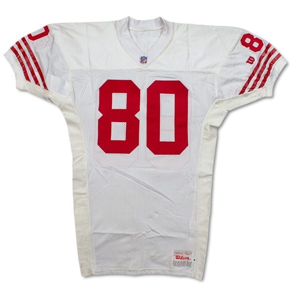 Jerry Rice 1992 San Francisco 49ers Game Worn & Signed Jersey - Gifted to NBA Star Larry Johnson, Evident Use (PSA/MEARS A10)
