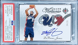 LeBron James 2007 Upper Deck Ultimate "Virtuoso" Autographed Materials (#04/25) Signed Dual Jersey Card - Bold Auto! PSA Authentic Auto 10