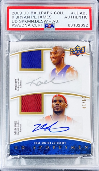 Kobe Bryant / LeBron James 2009 Upper Deck Ballpark Collection "UD Spokesmen Dual Swatch Autograph" (#09/10) Signed Dual Game Used Jersey Card #UDA-BJ - PSA Authentic
