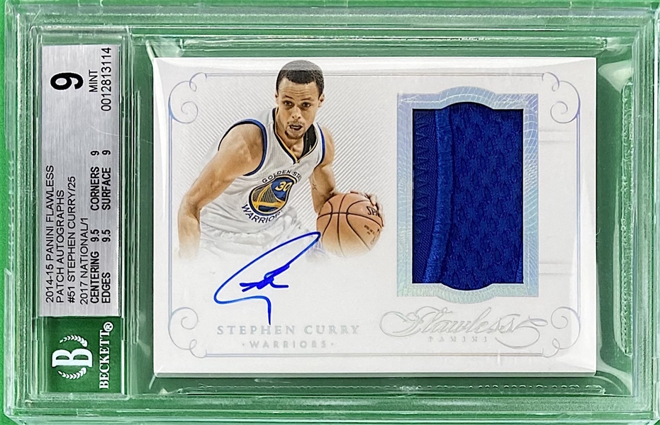 Stephen Curry 2014-15 Panini Flawless "Patch Autographs" Signed Game Used Jersey Patch Card #PA-SC - BGS MINT 9 - Stamped "1 of 1 2017 National"