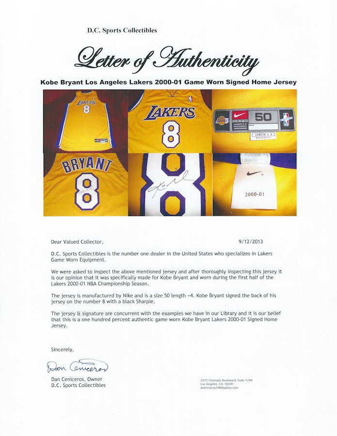 2000 - 01 Kobe Bryant Game Used Los Angeles Lakers Jersey