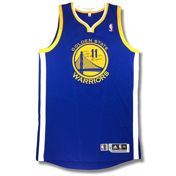 Klay Thompson 2013-14 Golden State Warriors Autographed Game Worn Jersey "2015 NBA Champs" Inscription