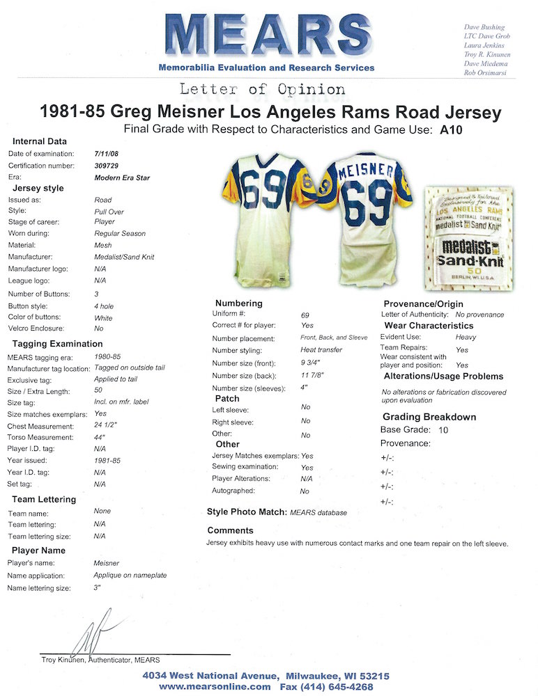 Lot Detail - Greg Meisner Mid 80's Los Angeles Rams Game Worn Jersey  (Repairs, MEARS A10)