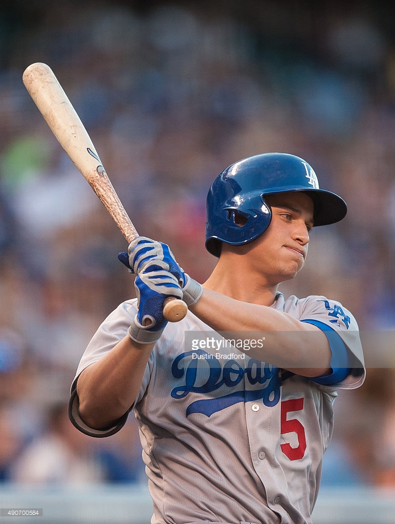 Corey Seager of the Los Angeles Dodgers bats against the Washington  Nationals during the fifth inning in game…