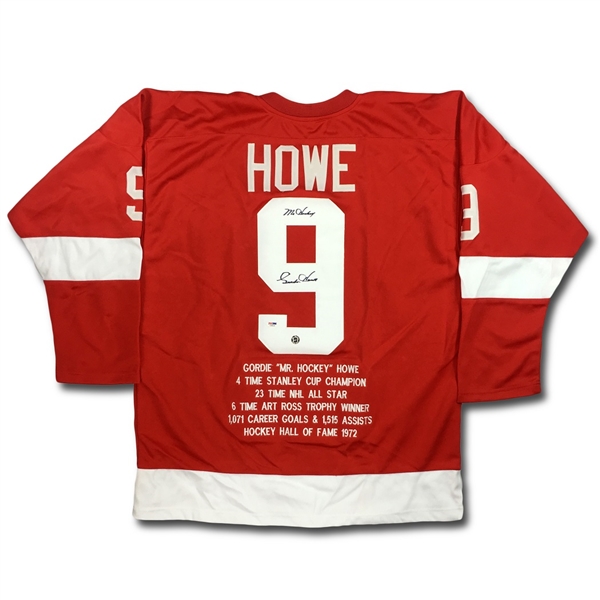 Gordie Howe Detroit Red Wings Autographed Career Stat Jersey- "Mr. Hockey" Inscription (PSA COA)