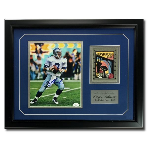 Troy Aikman Autographed 8x10" Framed Display w/Unique Super Bowl XXVII Patch (JSA COA)