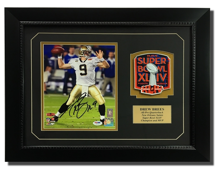 Drew Brees Autographed 8x10" Framed Display w/Super Bowl XLIV Patch (PSA COA)