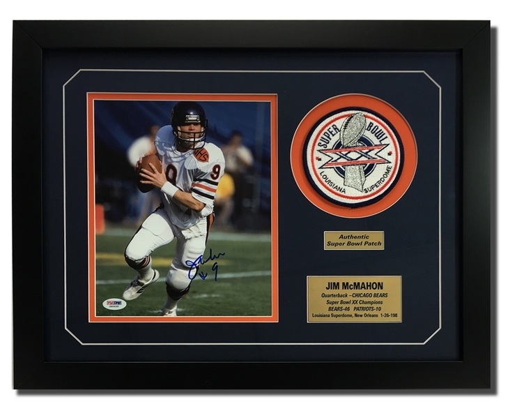Jim McMahon Autographed 8x10" Framed Display w/Super Bowl XX Patch (PSA COA)
