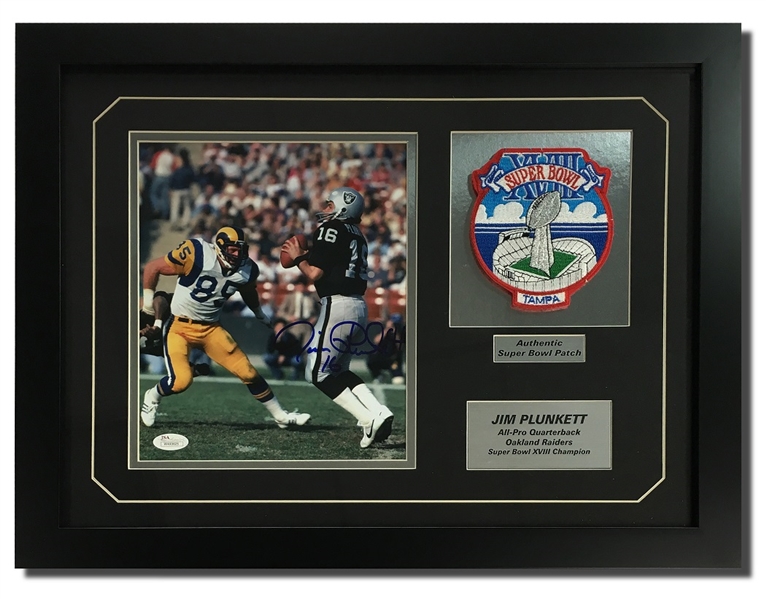 Jim Plunkett Autographed 8x10" Framed Display w/Super Bowl XVIII Patch (PSA COA)