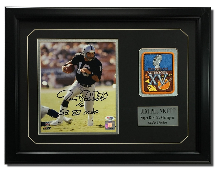 Jim Plunkett Autographed 8x10" Framed Display w/Super Bowl XV Patch (PSA COA)