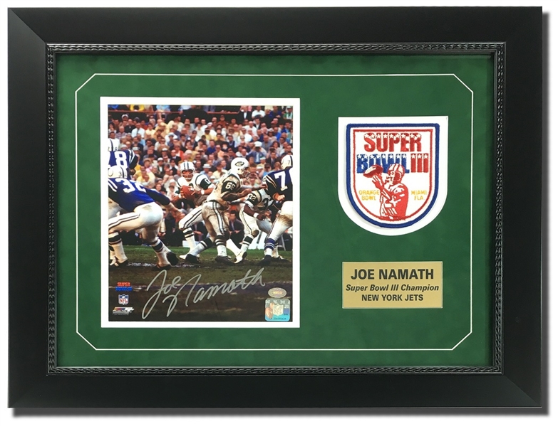 Joe Namath Autographed 8x10" Framed Display w/Super Bowl III Patch (JSA COA)