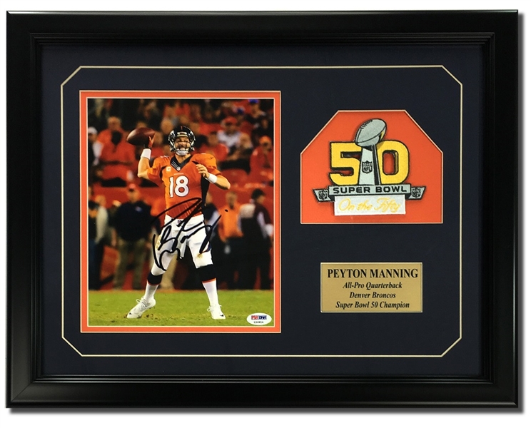 Peyton Manning Autographed 8x10" Framed Display w/Super Bowl 50 Patch (PSA COA)