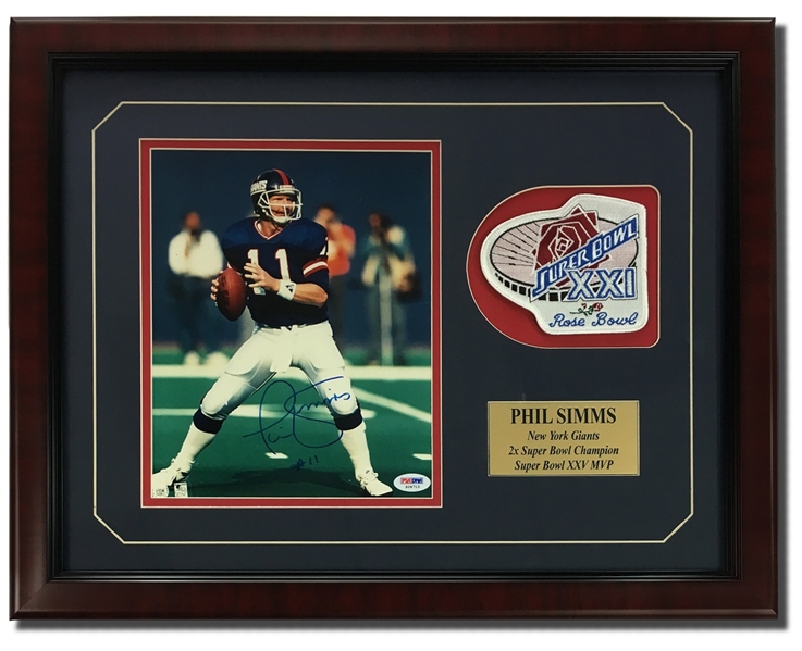 Phil Simms Autographed 8x10" Framed Display w/Super Bowl XXI Patch (PSA COA)