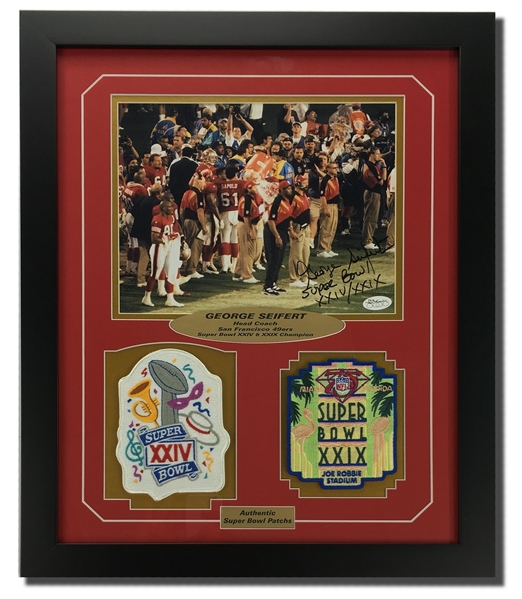 George Seifert Autographed 8x10" Framed Display w/Super Bowl XXIV & XXIX Patches (JSA COA)