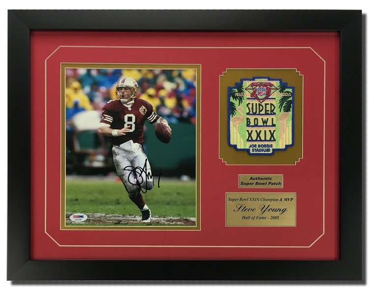 Steve Young Autographed 8x10" Framed Display w/Super Bowl XXIX Patch (PSA COA)