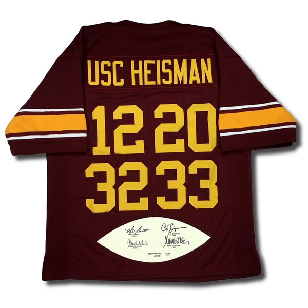 USC Trojans Heisman Jersey Autod by Marcus Allen, O.J. Simpson, Charles White & Mike Garrett (PSA LOA)