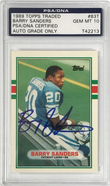 1989 Topps Barry Sanders Signed Rookie Card - PSA Gem Mint 10 Autograph Grade
