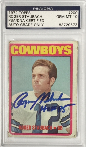 1972 Topps Roger Staubach Signed Rookie Card - PSA Gem Mint 10 Autograph Grade