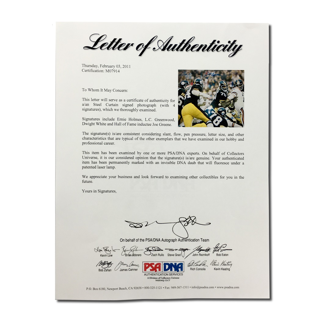 Pittsburgh Steelers Steel Curtain autographed 16x20 by Joe Greene Dwight  White LC Greenwood Ernie Holmes AW Certificate of Authenticity