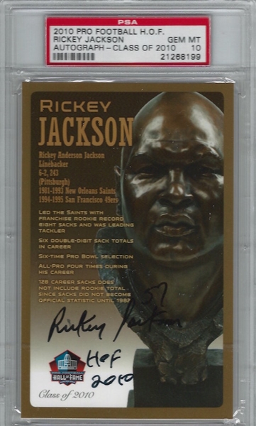 Rickey Jackson Autographed NFL Hall of Fame Postcard LE 150 - "HOF 2010" Inscription - PSA Gem Mint 10 Auto