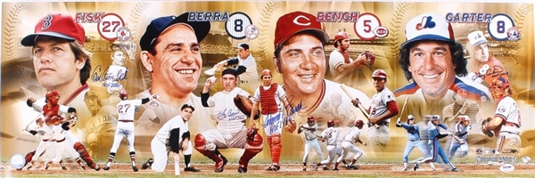 Yogi Berra, Carlton Fisk, Gary Carter & Johnny Bench Autographed 12x36” Photograph (PSA LOA)