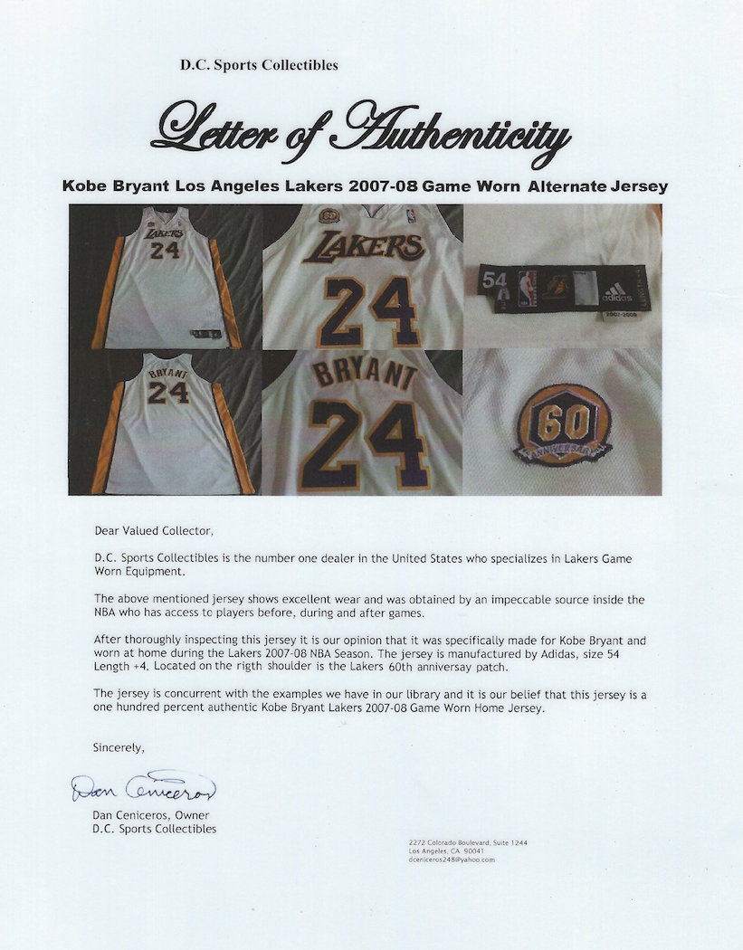 Kobe Bryant 2007-08 Lakers Game-Used Basketball Jersey (DC Sports
