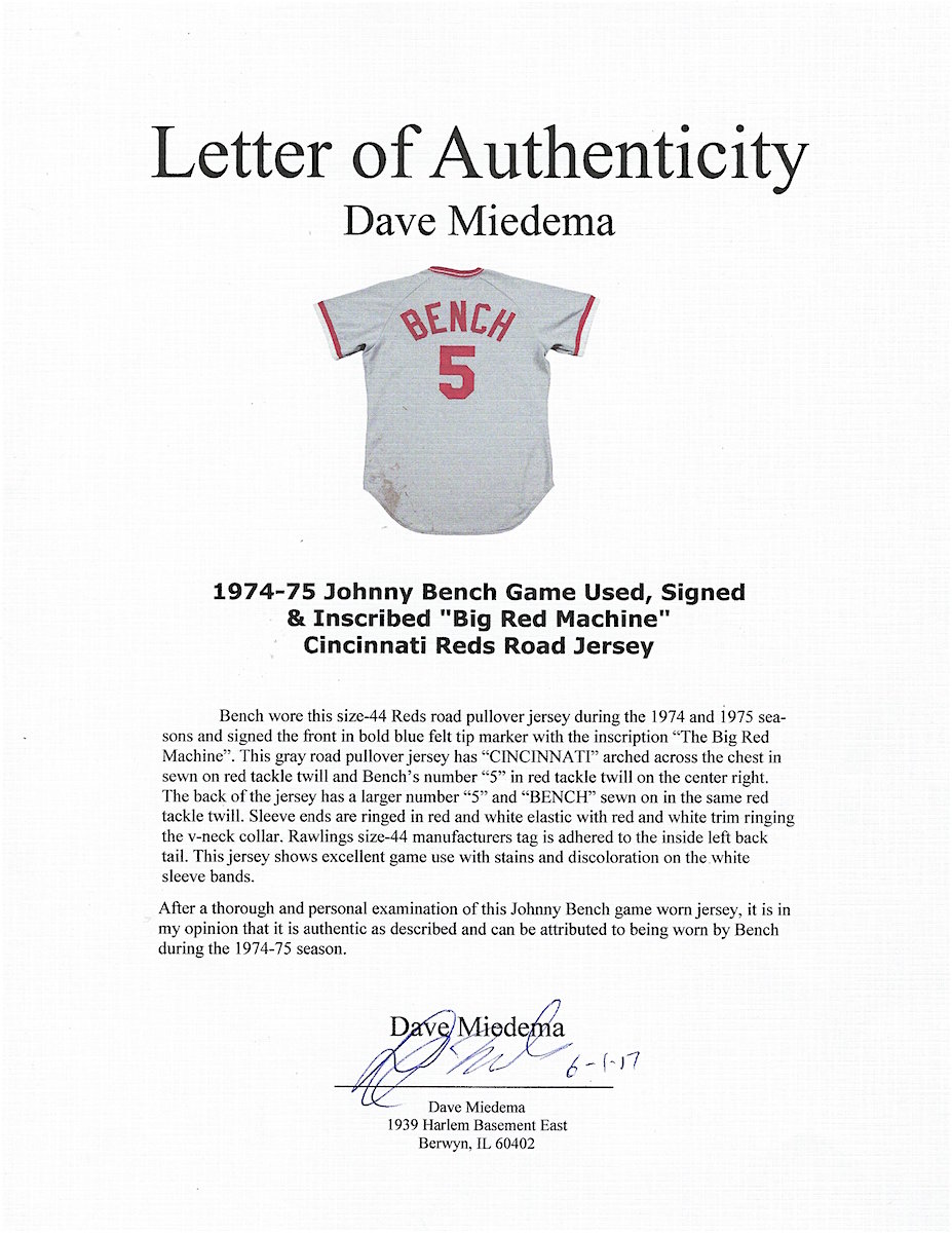1975 Johnny Bench World Series Game Worn & Signed Cincinnati Reds, Lot  #80102