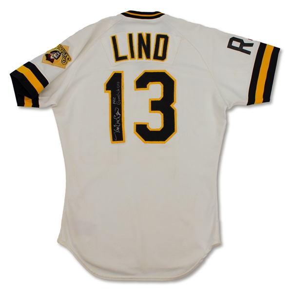 Jose Lind 1988 Pittsburgh Pirates Game Used & Twice Signed Jersey - Incredible Use (MEARS,JSA)