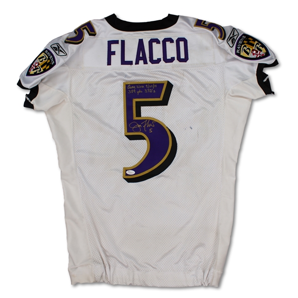 Joe Flacco 9/25/11 Baltimore Ravens Game Used & Signed Road Jersey - 389 Yards, 3 TDs! Photo Matched (Ravens LOA)