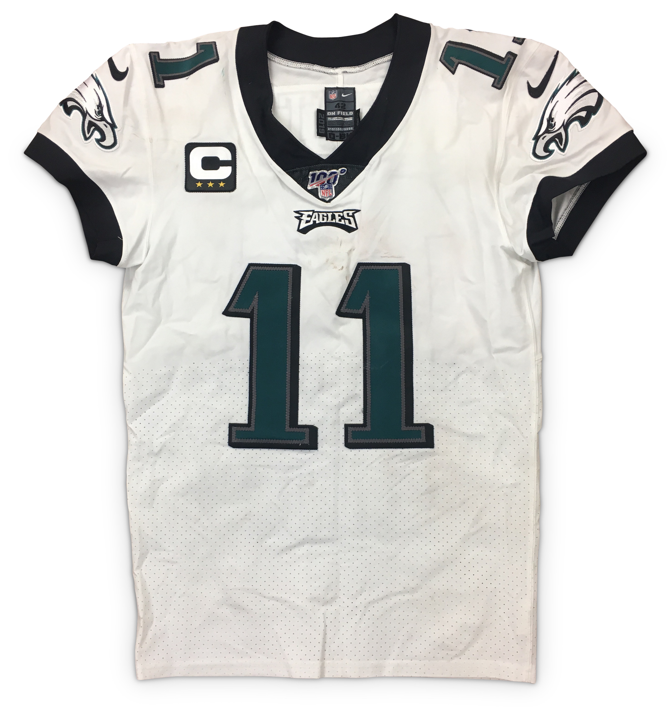 Lot Detail - Carson Wentz 2019 Philadelphia Eagles Game Used & Autographed  Jersey - 100th NFL Patch, 2 TD's! PHOTO MATCHED! (RGU LOA)