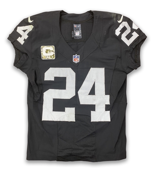 2015 Charles Woodson Oakland Raiders Signed Game Worn Home Jersey - Photo Matched to 11/15/2015 - Salute to Service Camo Patch (NFL Auctions)