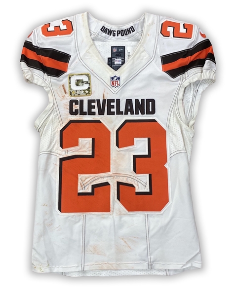 Joe Haden 2016 Cleveland Browns Game Worn Road Jersey - Photo Matched to 11/6/2016 - Unwashed w/Salute to Service Patch