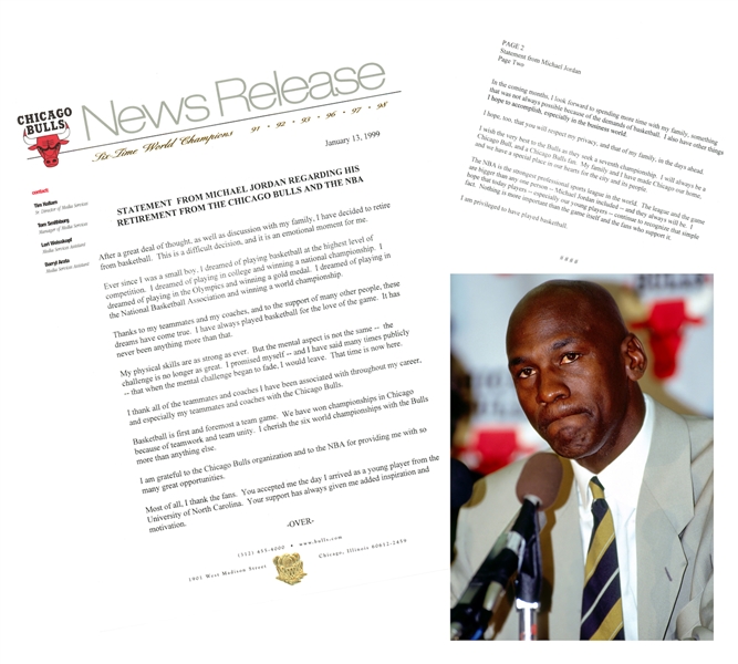 Michael Jordan Chicago Bulls Official Retirement Press Release - 1/13/99 - Original on Bulls Letterhead