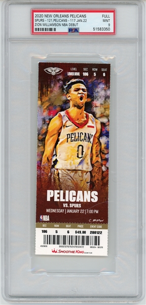 Zion Williamson NBA Rookie Debut New Orleans Pelicans Ticket Stub - 1/22/20 - Unforgettable 17 Straight Points! - PSA 9 Mint!
