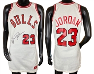 1984-85 Michael Jordan Game Used & Autographed Rookie Season Chicago Bulls Home Jersey - Bulls Letter of Origin, PSA, UDA, RGU - Evident Wear