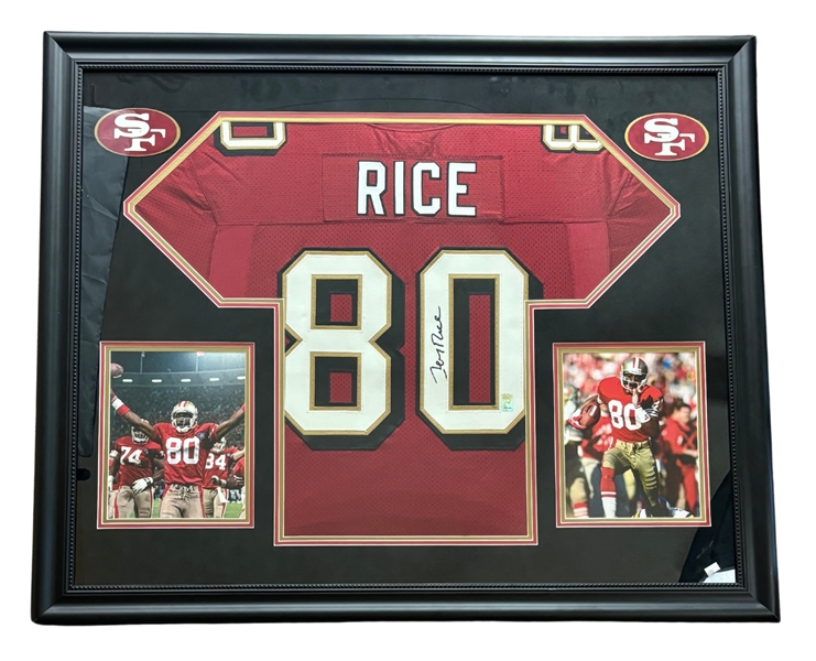 Jerry Rice Signed Jersey San Francisco 49ers Custom Framed 41"x35" Display (Rice Hologram)